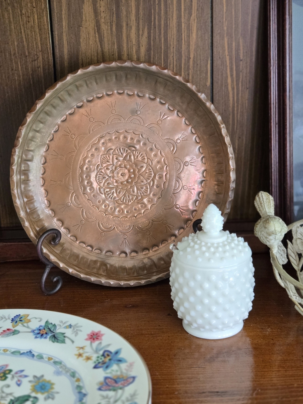 Vintage Hammered Copper Decorative Charger with Embossed Medallion